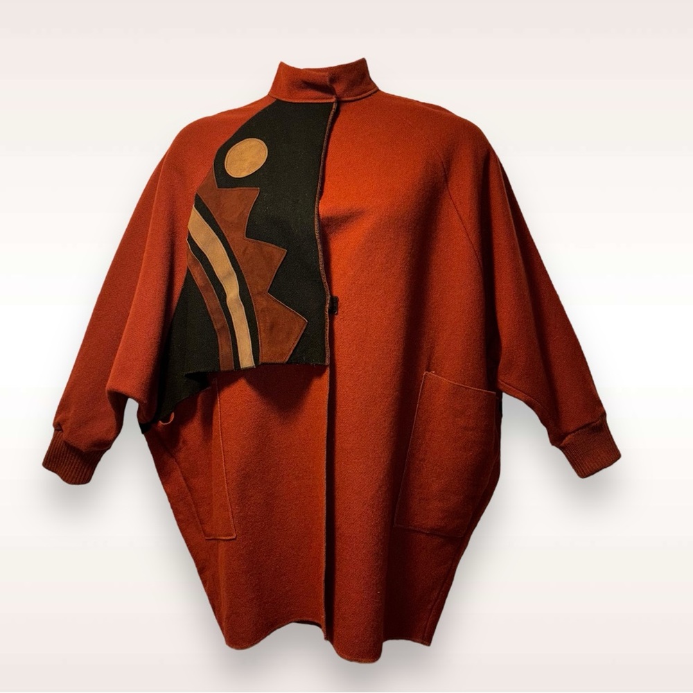 Osbood Smuk 1980's Wool Coat Suede Color Panels Batwing Sleeves Women's M-L
